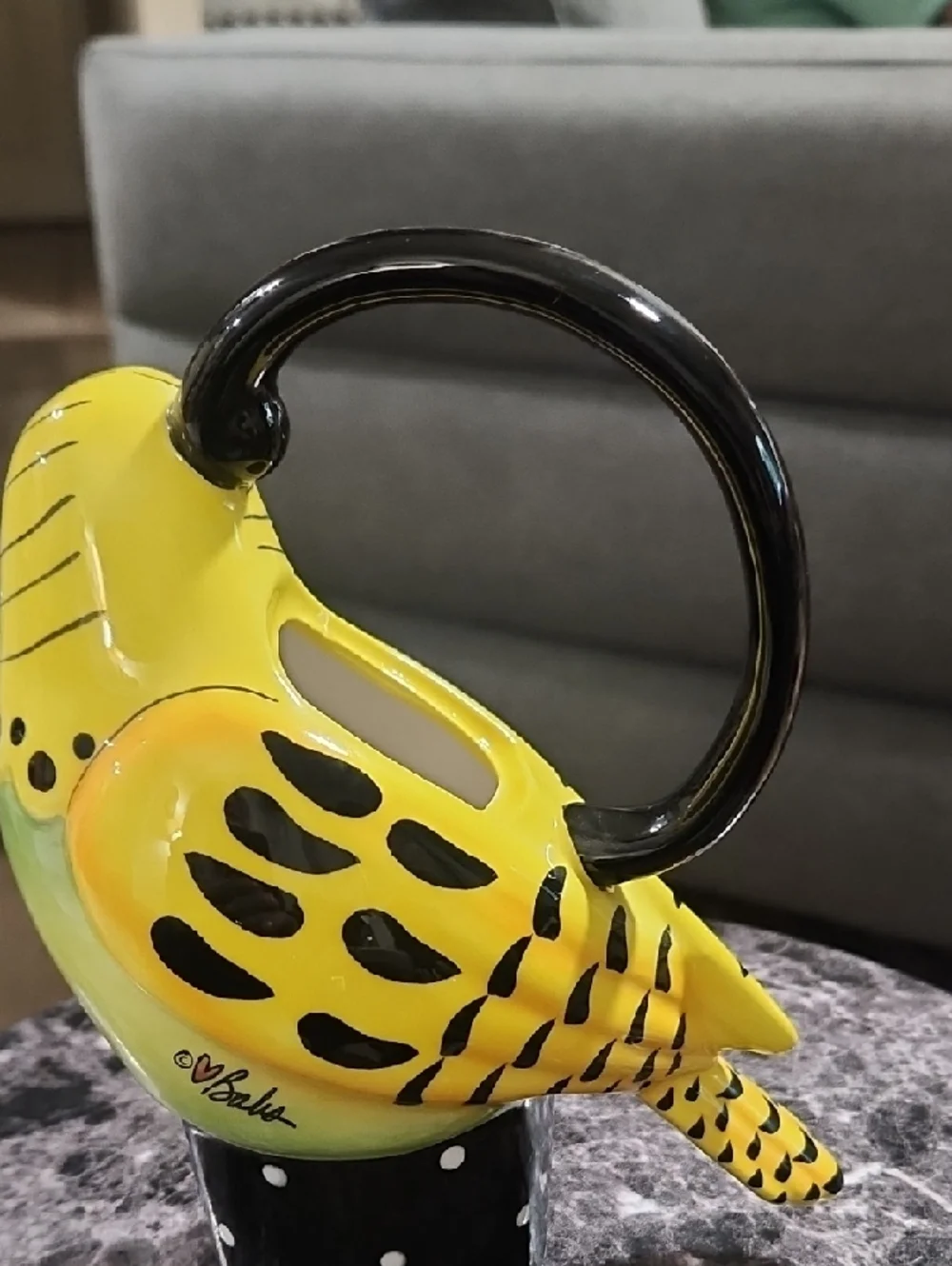Yellow Budgie Ceramic Bird Waterer - Bright Yellow and Green. No Cover Or Cup.